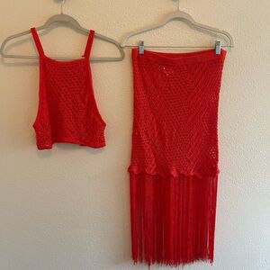 Camila Coelho red Crochet Top and Skirt Set